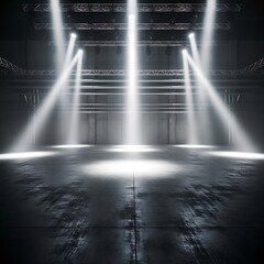Illuminated Industrial Space with Reflective Floor and Spot Lighting System