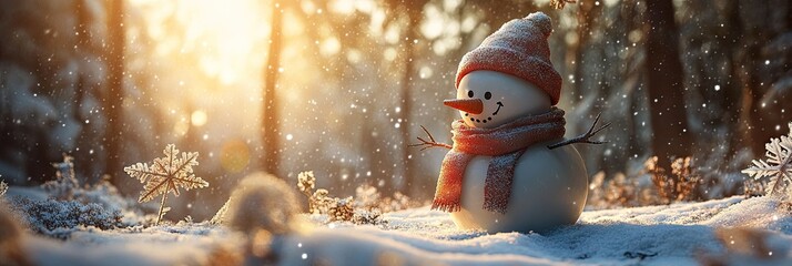 Fototapeta premium A cute snowman stands in the middle of a snowy landscape