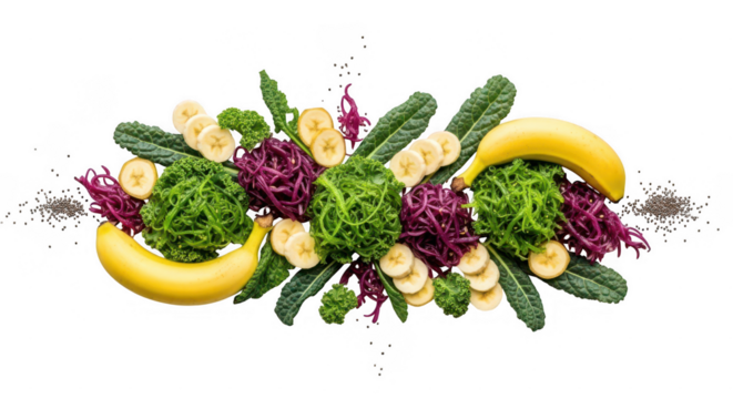 Fresh smoothie ingredients with kale, banana, and cabbage isolated on white isolated on transparent background