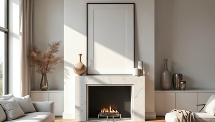 Modern living room with fireplace. White empty frame hangs over marble mantelpiece. Minimalist sculptures and vases decorate the shelf, with a sofa nearby.
