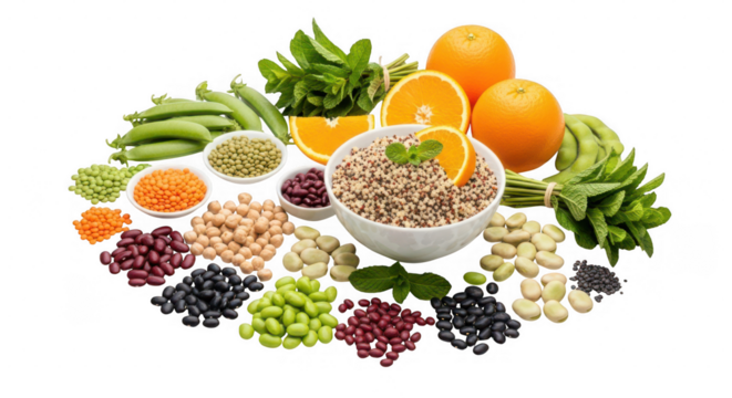 Healthy food ingredients with quinoa, legumes, vegetables, and oranges isolated on transparent background