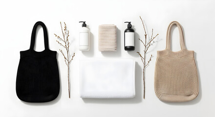Neutral elegance with bags, bottles, and branches arrangement on a white surface presenting a serene minimalist