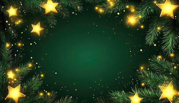 A green background with Christmas tree branches and golden stars on the edges, creating an elegant frame for festive designs or advertising text