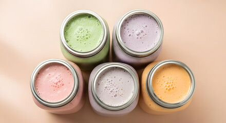 Pastel-hued smoothie array in cylindrical jars, highlighting various colorful blended beverages with frothy surfaces