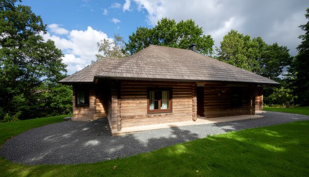 Rustic Log Cabin Retreat Amidst Lush Greenery on a Sunny Day.