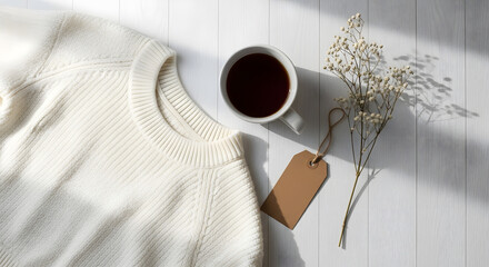 Cozy Still Life with Textured Sweater, Warm Drink, and Delicate Floral Arrangement in Soft Light