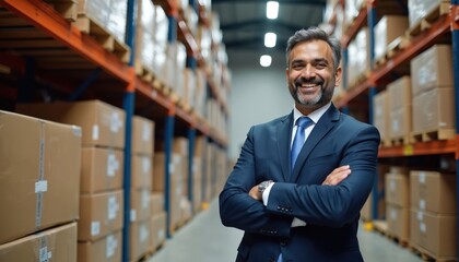 Smiling Indian man in suit stands arms crossed in modern warehouse. Rows of stacked boxes fill tall shelves. Represents logistics, distribution, and commerce.