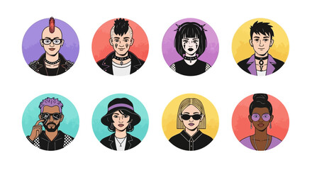 Diverse Collection of Round Portraits Featuring Individuals with Varied Hairstyles and Fashion Choices