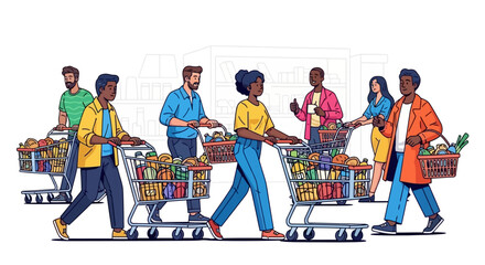 Vibrant illustration of a diverse community engaging in their weekly grocery shopping, showcasing full carts and a bustling retail environment