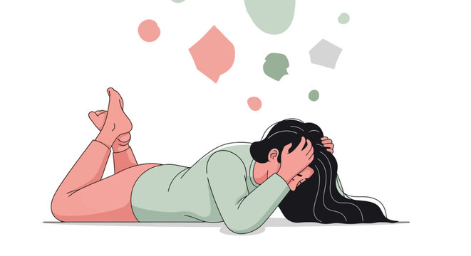 Illustration of a person lying down with their head in their hands, surrounded by abstract thought bubbles representing mental health challenges - Powered by Adobe