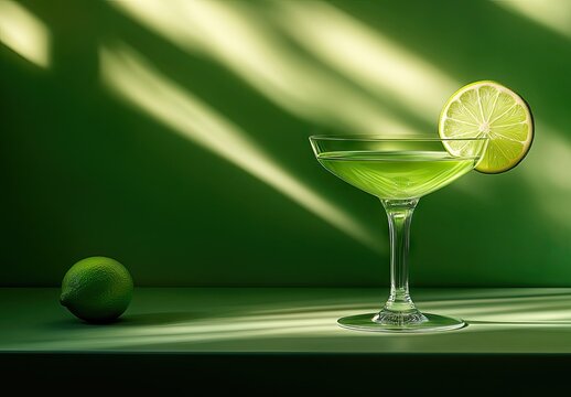 A green cocktail with a lime slice, served in a cocktail glass, set against a green table and background