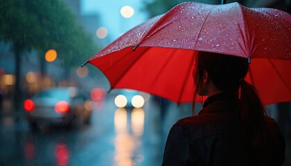 Woman holds bright red umbrella in pouring rain on city street. Cars and blurred lights create bokeh effect. Person stays dry under cover during wet weather.