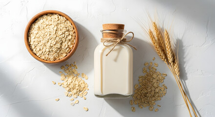 Rustic composition featuring oat milk in a vintage bottle with whole grain oats and wheat stalks evoking a sense of