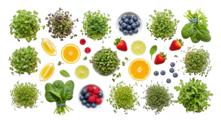 Fresh microgreens, berries, citrus fruits, and spinach isolated on white isolated on transparent background