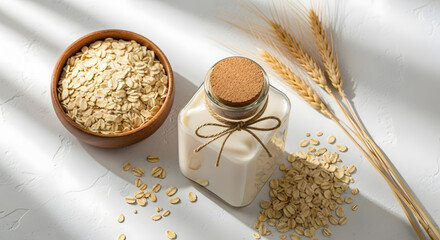 Artistic composition showcasing a bottle of oat milk surrounded by oat flakes and wheat stalks evoking natural wellbeing