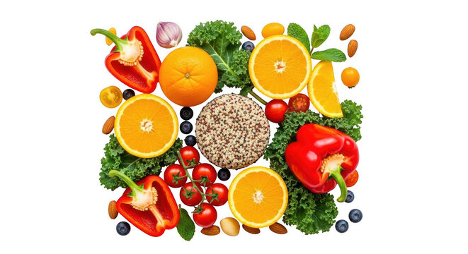 Healthy fresh fruits, vegetables, and grains flat lay isolated on transparent background