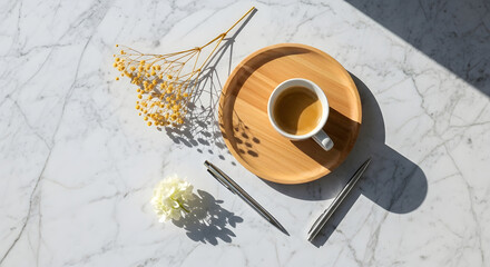 Elegant workspace composition featuring coffee, blooms, and writing tools against a marble backdrop with natural light