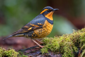 Imposing Male Varied Thrush Resting Elegantly on a Moss-Laden Log in Misty Surroundings
