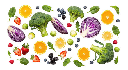 Fresh fruits and vegetables mix, healthy eating concept, isolated on transparent background