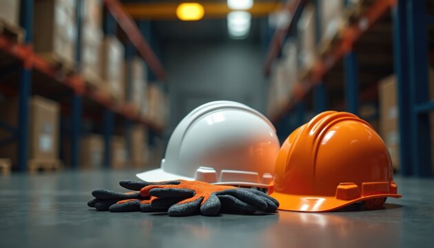 Two hard hats and work gloves rest on warehouse floor. Shelves stacked with boxes blur in background. Safety equipment signals protective workplace.