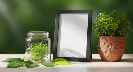 Tranquil tableau with a blank picture frame juxtaposed with verdant foliage and ambient light adding a calm domestic