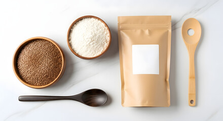 Artistic composition of flax seeds, flour, crafting packaging and wooden spoons, showcasing culinary essentials on