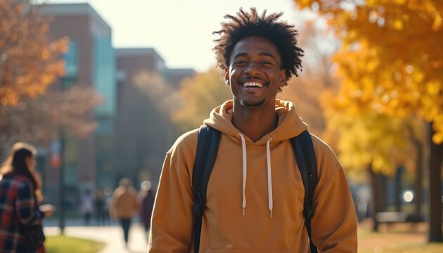 Young black student smiles walking on campus in autumn. He wears a hoodie and backpack with fall leaves and trees. Sunny day lighting the scene.