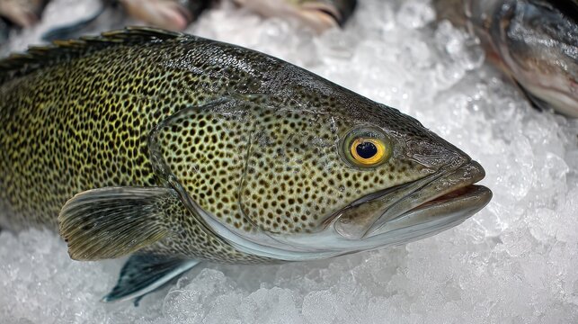 Chilled Murray Cod: Fresh Maccullochella Peelii Displayed on Ice at Fish Market in Australia