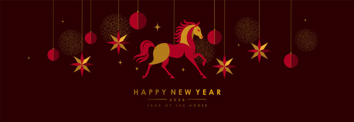 Obraz na płótnie Canvas 2026. Chinese Year of the Horse. New Year 2026 modern abstract banner featuring a stylized horse, festive stars, ornament for holiday greetings, Chinese zodiac themes and luxury greeting card