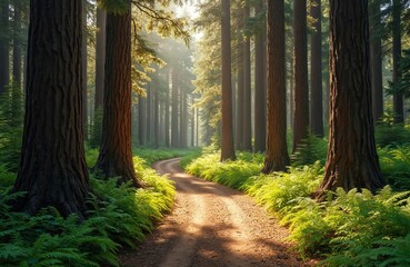 Dirt path curves through tall sunlit redwood forest with green ferns. Tall tree trunks form natural corridor on summer day. Woodland trail invites exploration.