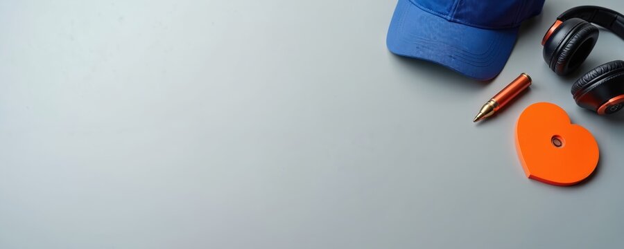 Blue cap, orange heart shape, and headphones lie on gray surface. Bullet casing pen nearby, perfect for sports or competition themes. Lots of copy space for text.