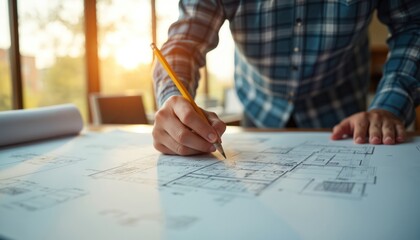 Architect hand draws building plan with pencil on white paper. Person designs structure, works on project at desk, uses ruler and tools. Close-up view of person working with blueprints in office.