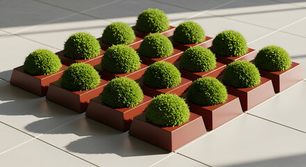 Arrangement of miniature green spherical plants in terracotta containers creating a grid pattern casting geometric