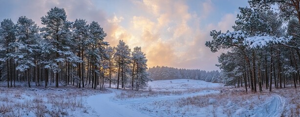 A panoramic view of snow-covered pine trees in the winter forest at sunrise