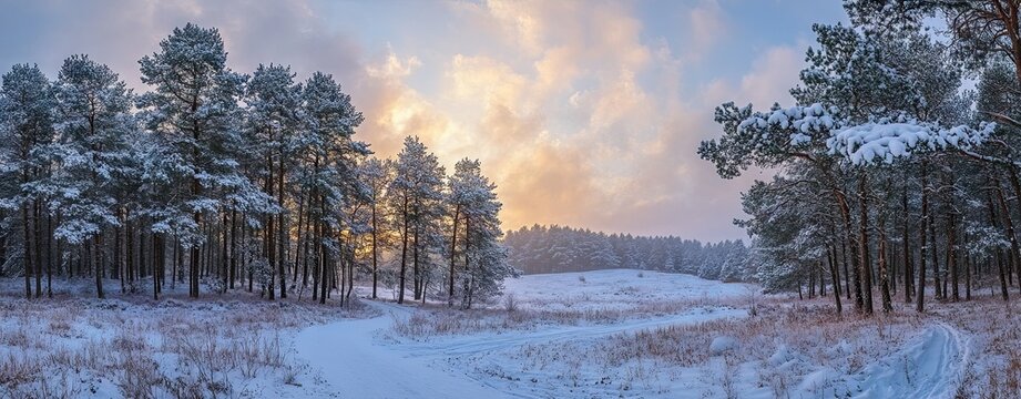 A panoramic view of snow-covered pine trees in the winter forest at sunrise