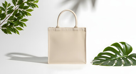 Eco-Friendly Beige Tote Bag Surrounded by Greenery, Perfect for Sustainable Living and Stylish Everyday Use,