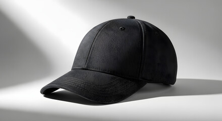 Simple studio shot exhibiting the texture and minimalist design of a black baseball cap against a gradient backdrop