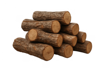 Stack of firewood logs creating a timber pile, preparing wood supply for heating, isolated on transparent background