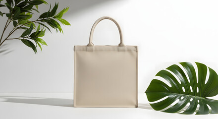 Elegant neutral tote bag mockup amidst tropical foliage and soft shadows creating a serene botanical aesthetic