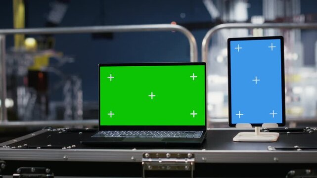 Green and blue screen on devices support offshore drilling rig calibration and logistics through automation software. Improving petroleum extraction in the oil and gas industry.
