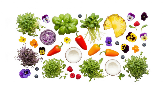 Colorful assortment of fresh fruits, vegetables, and herbs isolated on transparent background