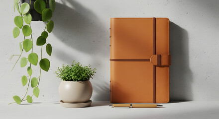 Tranquil study scene featuring a minimalistic leather journal, pen, and verdant hanging and potted plants against a