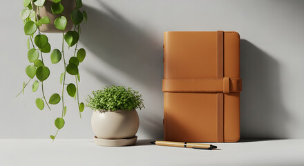 Organized simplicity: a serene composition of a journal, pen, and lush foliage creates a calming and inspiring