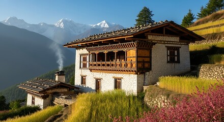 Fototapeta premium Picturesque Bhutanese Farmhouse Nestled in Lush Green Terraced Fields.