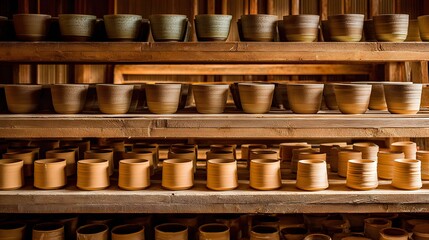Rows of handcrafted ceramic pots on wooden shelves in a pottery workshop.