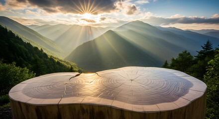 Majestic mountain landscape backdrop featuring a colossal tree stump basking in the radiant glow of the rising sun