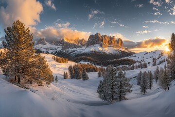 A panoramic view of the snowy Alps with pine trees, mountains in the background, and golden hour lighting