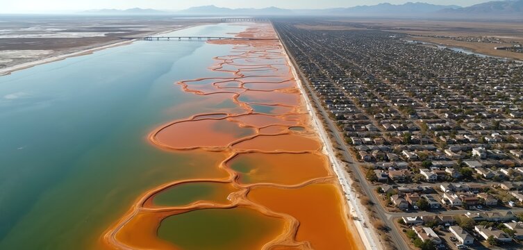 Aerial view shows surreal orange pools beside dense housing development. Water reflects sky, land meets suburbia creating strange pattern. Mountains form distant horizon line.