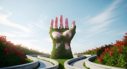 Garden sanctuary with an oversized hand sculpture, winding pathways, and vibrant floral arrangements under the open