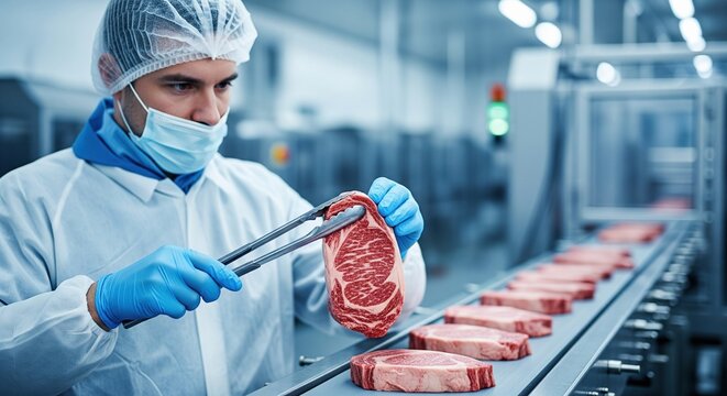 Food industry quality control inspector checking raw beef steaks on conveyor belt in meat manufacturing factory - Powered by Adobe